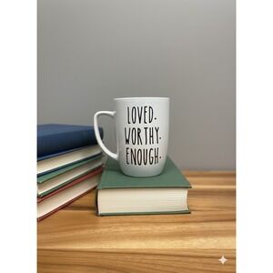 Royal Norfolk Mug Cup "Loved-Worthy-Enough" 12 oz. Black White Encouragement